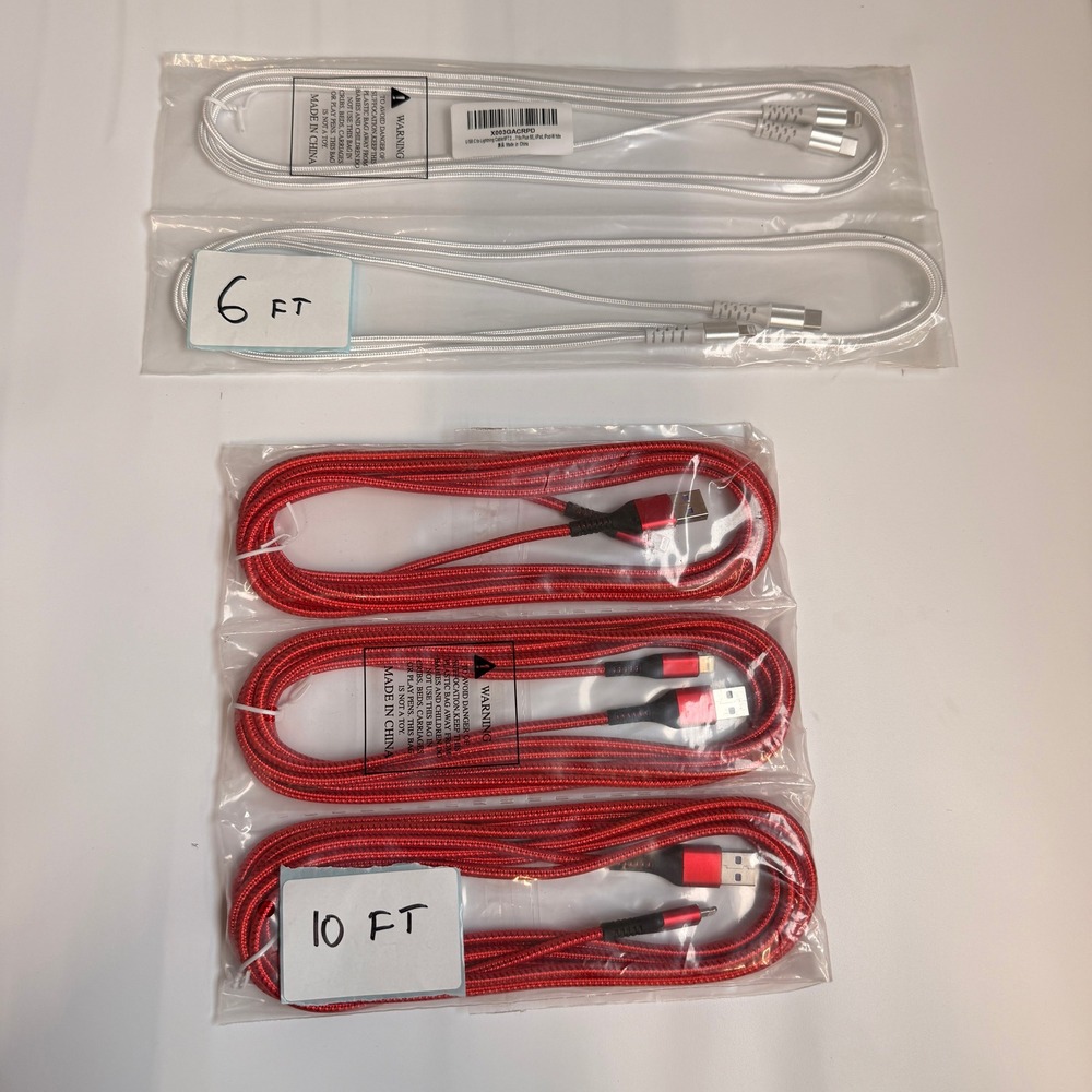 Lot of 5 USB-A & USB-C to‎ Lightning Mixed Braided Fast Charging Cables 6ft 10ft
